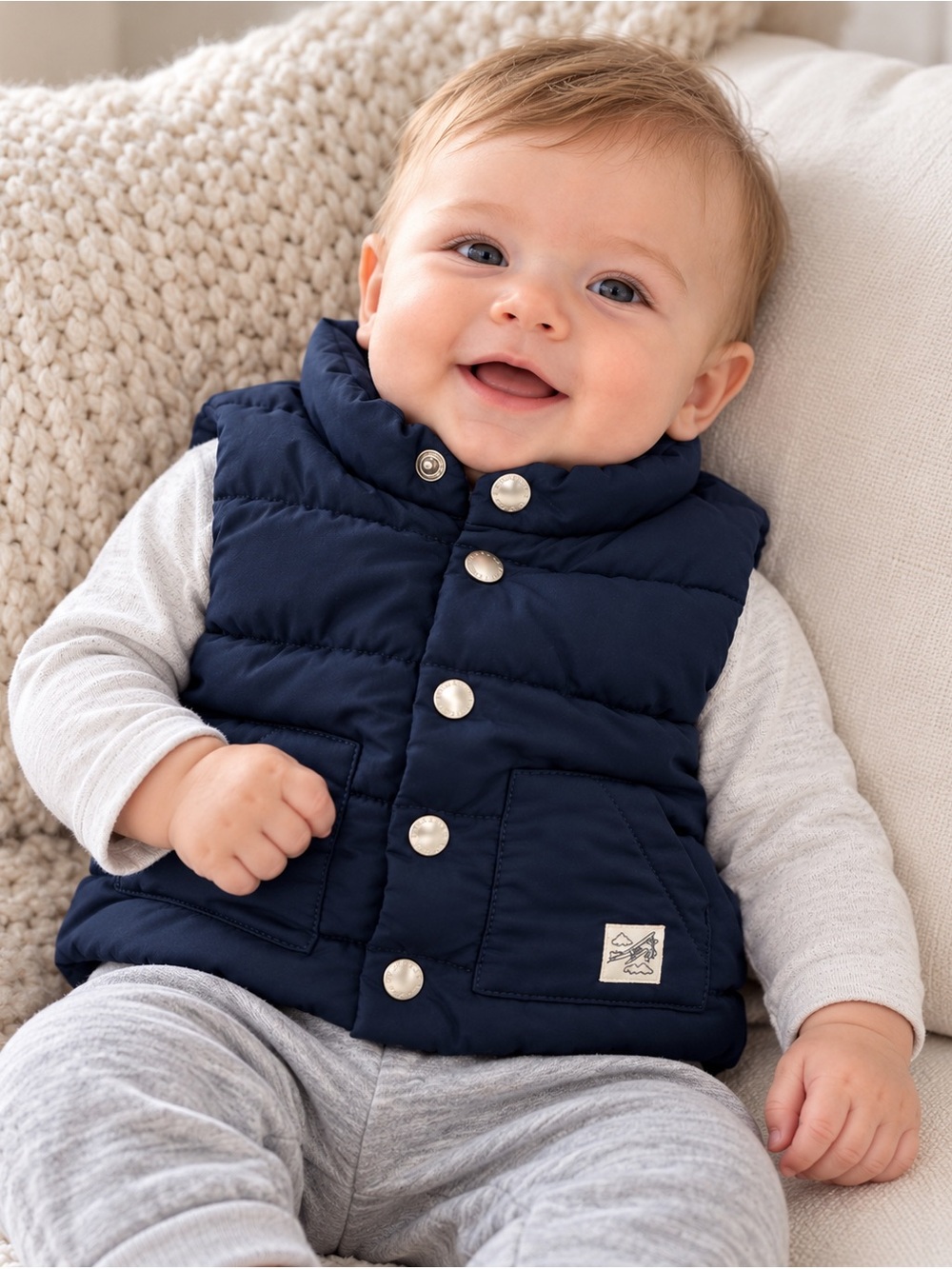H&M Baby Navy Puffer Vest, 4–6 Months, Snap Front